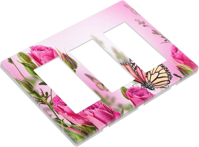 3 Gang Triple Rocker/Decor Light Switch Wall Plate Cover Decorative Butterfly Floral Pink Rose Blossom Electrical Faceplate Switchplates for Girl Spring Romance Flower Bouquet Room Decor Screwless