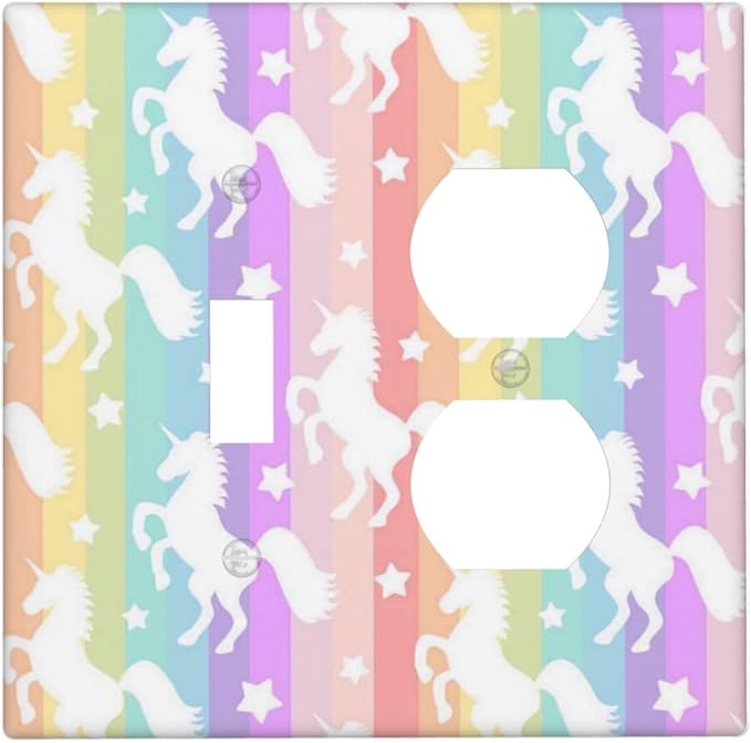 Cute Stars Colorful Rainbow Unicorn Light Switch Cover 2 Gang Combination Wall Plate 1 Toggle 1 Receptacle Duplex Switch Plate Funny Cartoon Kids Girl Bedroom Nursery Decor Combo Device Outlet Cover