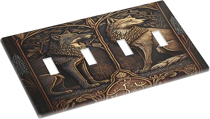 Medieval Wolves Animal Vintage Print Light Switch Covers Quad Toggle Electrical Faceplate 4 Gang Wall Plate Decorative Switch Plates for Farmhouse Home Decor