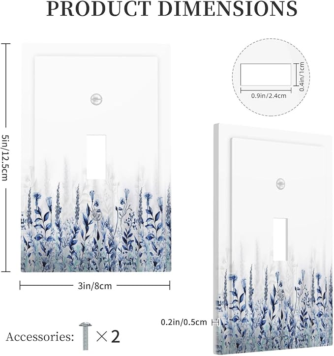 Decorative Light Switch Cover Plate Rustic Blue Plants Wildflowers Boho Leaves 1 Gang Wall Plate Cover Single Toggle Switch Plate Covers Jumbo Electrical Switchplate Receptacle Faceplate