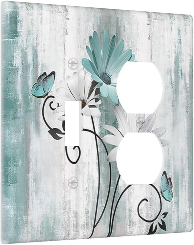 Teal Daisy Vintage Flower Butterfly Rustic Wood Print Wallplates 1 Toggle 1 Duplex Switch Plate Electrical GFCI Faceplate Decorative Light Switch Covers for Farmhouse Home Decor