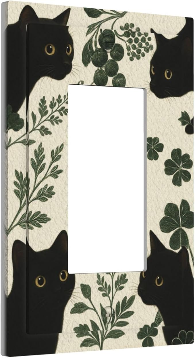 Decorative Outlet Covers Funny Black Cat Green Leaf 1 Gang Rocker Light Switch Cover Plate Single Wall Plates for Electrical Outlets Switch Plate Covers Faceplate for Bedroom Home Decor