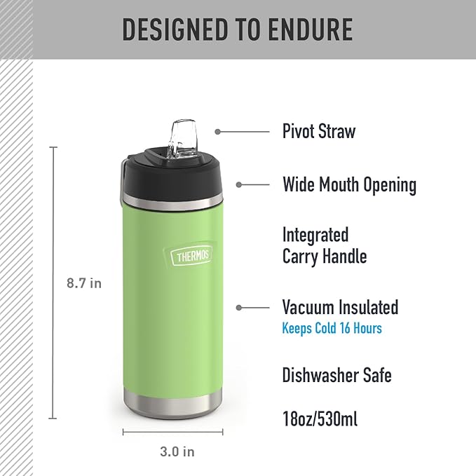 THERMOS ICON SERIES, Insulated Water Bottle with Straw Lid - 18 Ounce, Lime - Stainless Steel Vacuum Insulated Water Bottle with Straw Lid