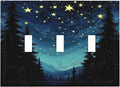 Decorative Switch Plates Blue Starry Sky Forest Painted Star Pine Tree Oil Painting 3 Gang Wall Plate Faceplate Triple Toggle Light Switch Cover Electrical Wall Panels for Bedroom Cabin