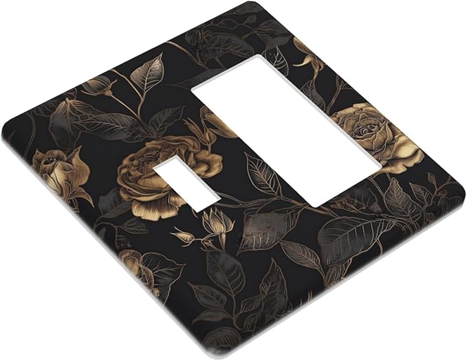 Black Floral Dark Vintage Gold Rose Flower Outlet Covers 1 Toggle 1 Rocker Combination Decorative Wall Plate Electrical Switch Plates Light Switch Cover Plate for Bedroom Living Room Decor
