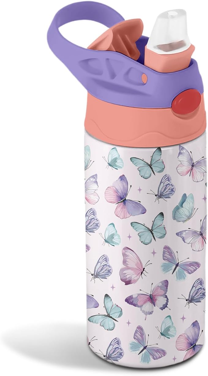 12oz Butterfly Kids Water Bottle, Colorful Butterflies Water Bottle for School, Kids Insulated Bottles with Straw & Handle, Leak-Proof, BPA-free, Straw Lid, Stainless Steel Bottles Gift Cup for Girls