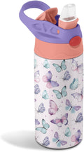 12oz Butterfly Kids Water Bottle, Colorful Butterflies Water Bottle for School, Kids Insulated Bottles with Straw & Handle, Leak-Proof, BPA-free, Straw Lid, Stainless Steel Bottles Gift Cup for Girls