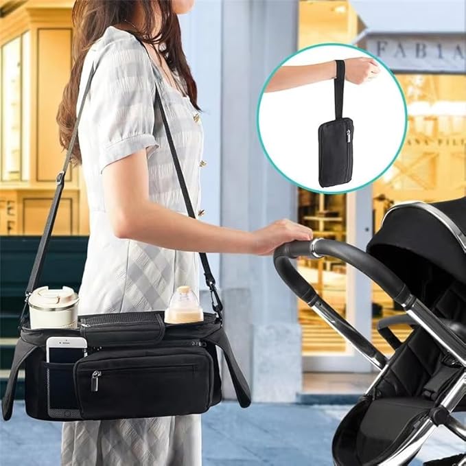 Universal Stroller Organizer with Insulated Cup Holder Detachable Phone Bag and Carry Strap Fits Uppababy, Baby Jogger, Britax, BOB, Umbrella and Pet Stroller and more (Black)