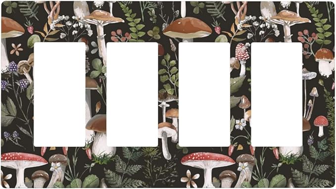 Black Boho Moth Botanic Mushroom 4 Gang Quad Rocker Light Switch Cover Decorative Quadruple Device GFCI/Decorator Wall Plate Electric Faceplate Screwless