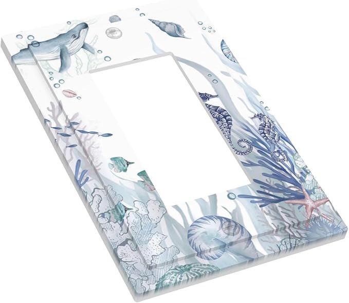 Ocean Themed Coral Seahorse Seashell Starfish Beach Decorative Outlet Covers 1 Gang Single Rocker Light Switch Cover Plate Wall Plates GFCI Faceplate for Bathroom Home Decor