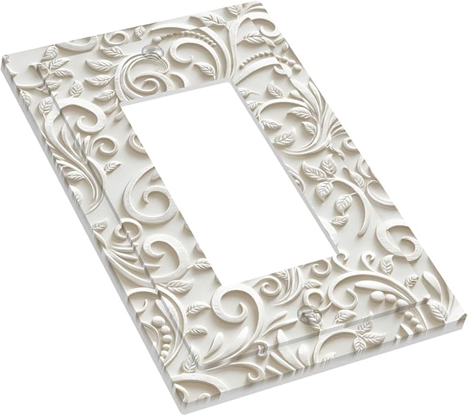 White Floral Vine 1-Gang Rocker Light Switch Plate, French Scroll Printed Pattern Decorative Wall Plate, Neutral Farmhouse Decor for Bedroom Bathroom Living Room