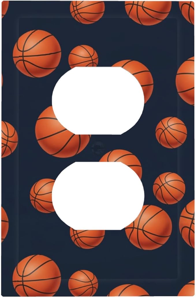 Basketball Duplex Wall Plate - 1-Gang Standard US Size Sports Design Navy Blue Outlet Covers, Vintage Basketball for Boys Room