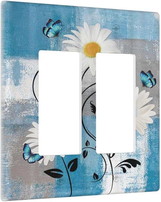 Rustic Daisy Teal Blue Floral Vintage Plant 2 Gang Rocker Decora Light Switch Covers Dual Outlet Covers Wall Plate Decorative Switchplate Electrical Faceplate GFCI for Farmhouse Bathroom Bedroom Decor