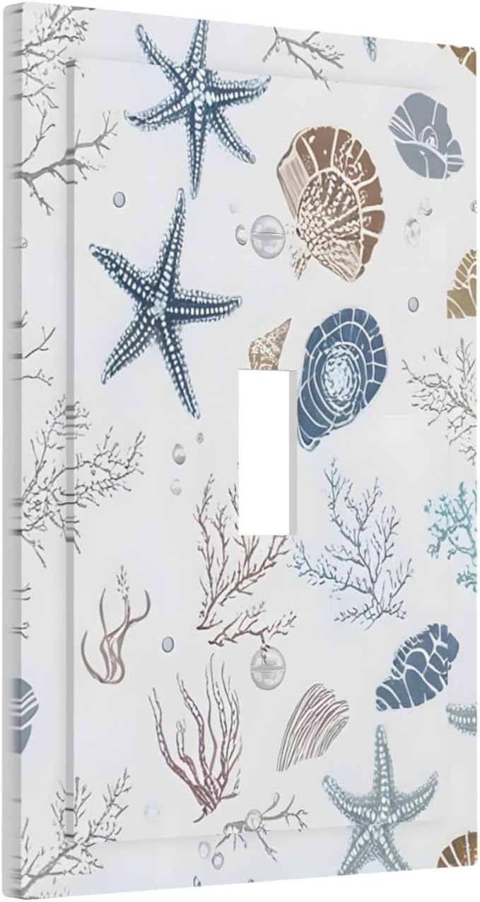 Ocean Starfish Seashells Nautical Coastal Sea Coral Decorative Light Switch Cover 1 Gang Single Toggle Device Electrical Faceplate Switchplates Decorator Outlet Wall Plate for Kids Room Nursery Decor