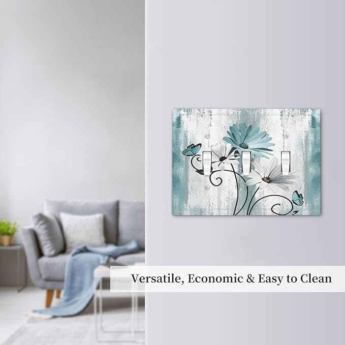 Light Switch Cover Plate Teal Daisy Floral Butterfly Vintage Wood 3 Gang Triple Toggle Decorative Switch Plates Wall Plates Electrical Switchplate Faceplate for Bathroom Bedroom Decor