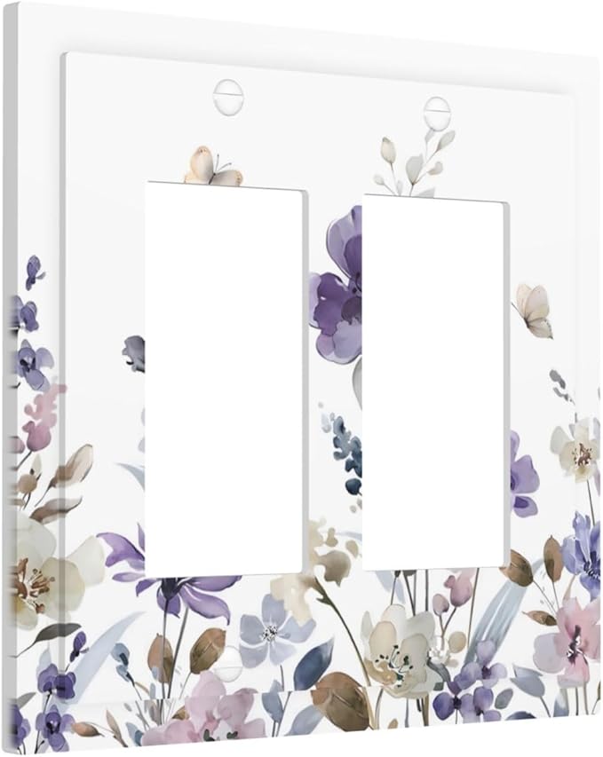 Purple Watercolor Flower Floral Butterfly Decorative Outlet Covers 2 Gang Double GFCI Rocker Electrical Wall Panels Light Switch Cover Plate for Bedroom Living Room Decor