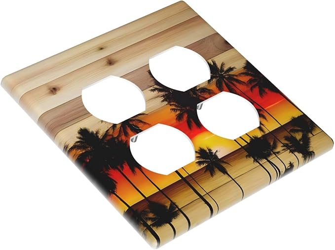 Sunset Beach Coconut Palm Tree Wooden Background Outlet Covers 2 Gang Double Duplex Decorative Light Switch Covers Electrical Wallplates Socket Faceplate for Bedroom Living Room Decor