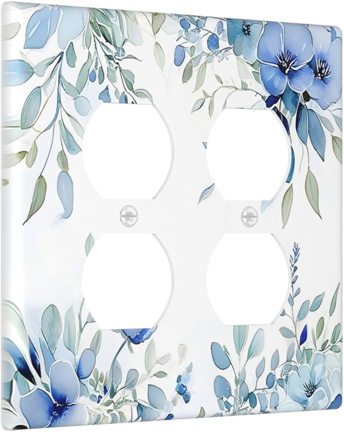 Watercolor Blue Flower Plant Floral Green Leaves Outlet Covers 2 Gang Double Duplex Decorative Light Switch Covers Electrical Wallplates Socket Faceplate for Bedroom Living Room Decor