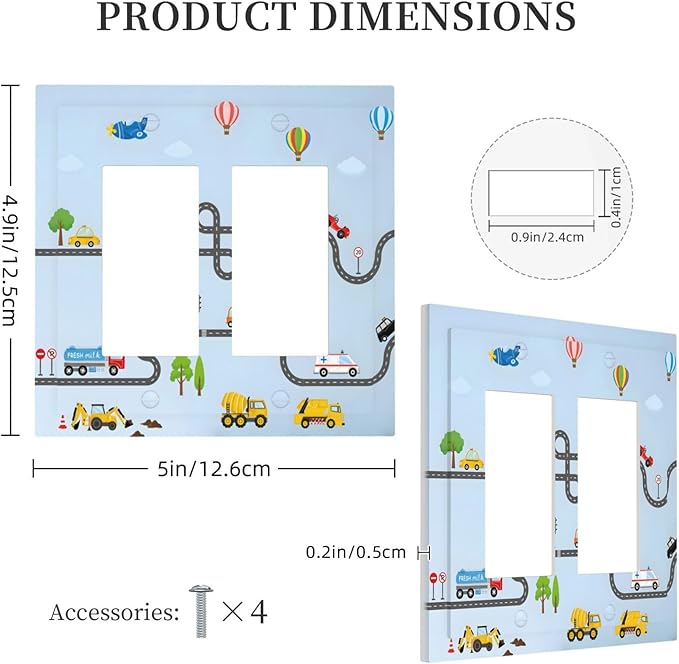 Road Construction Car Truck Hot Air Balloon Decorative Outlet Covers 2 Gang Double GFCI Rocker Electrical Wall Panels Light Switch Cover Plate for Nursery Kids Room Decor
