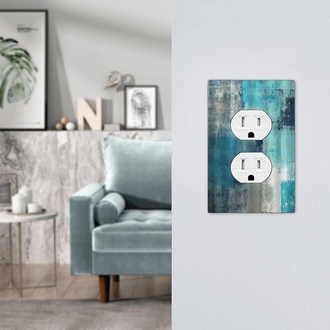 Outlet Covers Teal Blue Modern Geometric Abstract Turquoise Green 1 Gang Duplex Wall Plate Decorative Switch Plates Electrical Receptacle Faceplate Light Switch Cover for Bedroom Decor