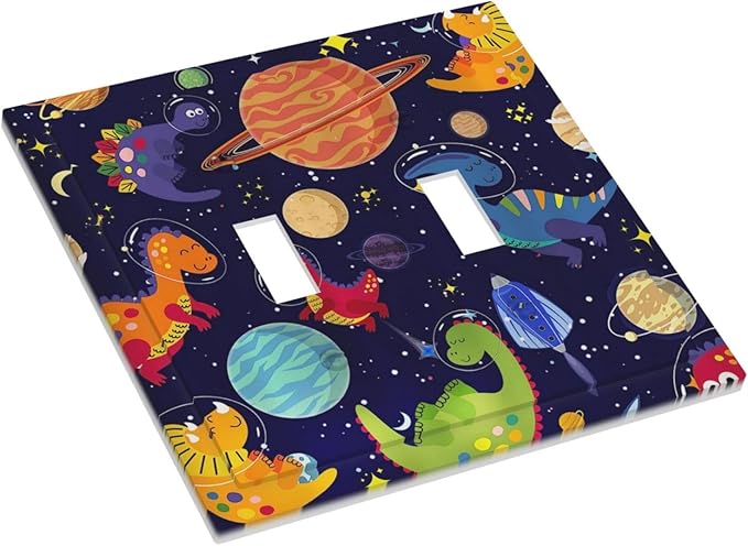Ocean Blue Cute Cartoon Dino Kids Dinosaur 2 Gang Double Toggle Outlet Light Switch Wall Plate Outlet Cover Astronaut Universe Galaxy Outer Space Planet Nebula Boys Electrical Faceplate Switchplate