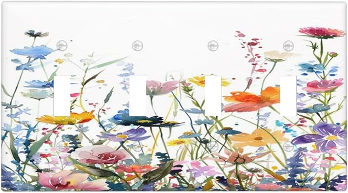 Watercolor Wildflowers Colorful Floral Plant Light Switch Covers Quad Toggle Electrical Faceplate 4 Gang Wall Plate Decorative Switch Plates Cover for Bedroom Living Room Decor