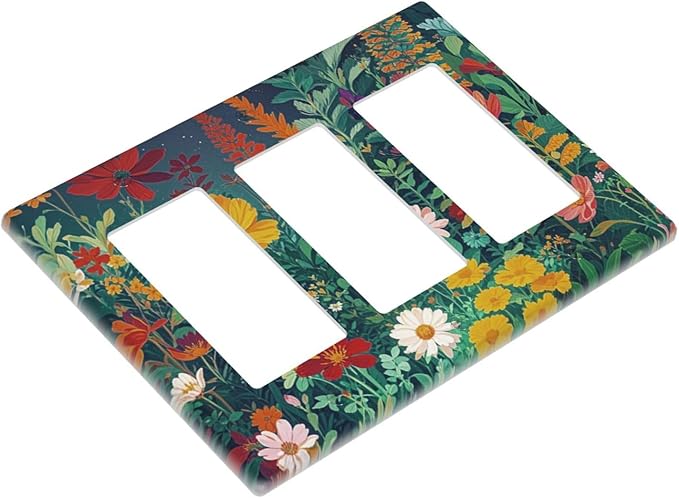 Decorative Light Switch Plate with Wildflowers & Stars Botanical Floral Art Design 3 Gang Outlet Covers Triple Rocker Wall Plate Switch Plate Cover for Garden Theme Wall Decor