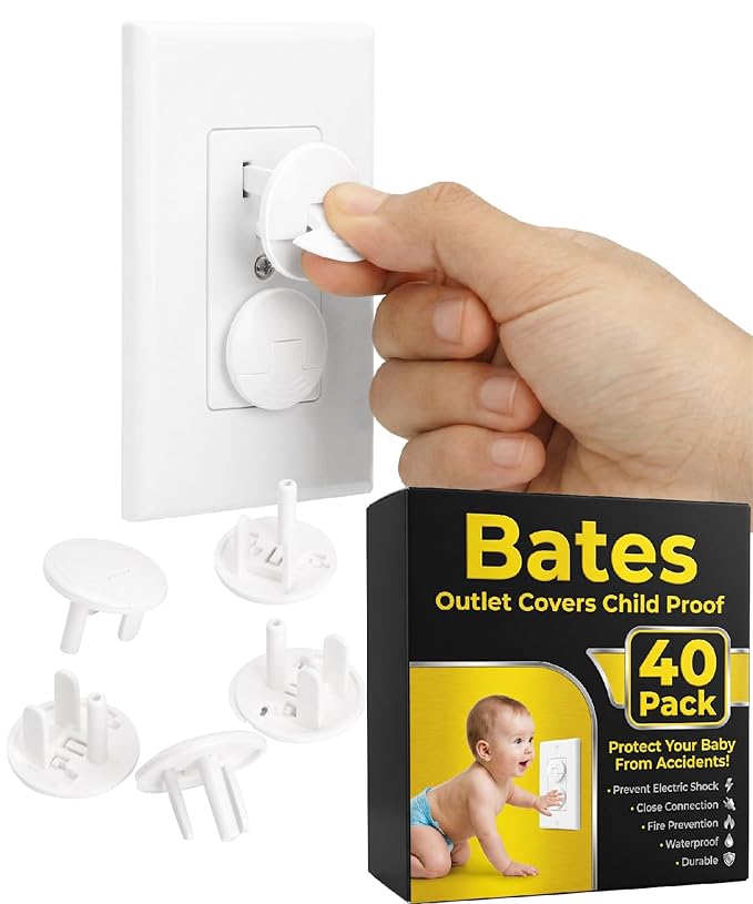 Bates- Outlet Covers Child Proof, 40 Pack, White, Round 3 Prong Outlet Covers