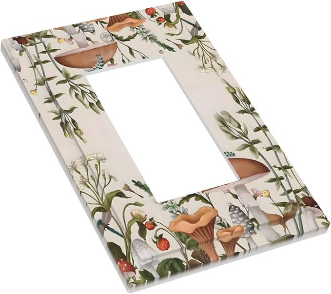 Boho Mushroom Forest Plants Wildflowers Insects Decorative Outlet Covers 1 Gang Single Rocker Light Switch Cover Plate Wall Plates GFCI Faceplate for Kids Room Home Decor