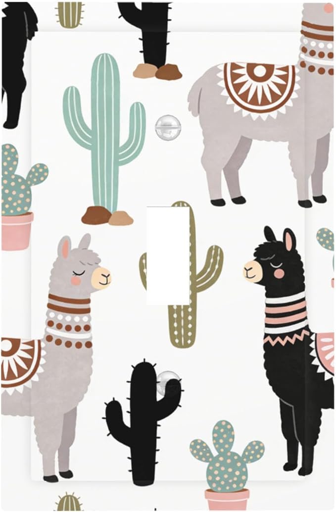 Cute Llama & Cactus Desert 1-Gang Toggle Light Switch Plate, Bohemian Desert Animals Decorative Wall Plate for Boys & Girls Bedroom Playroom