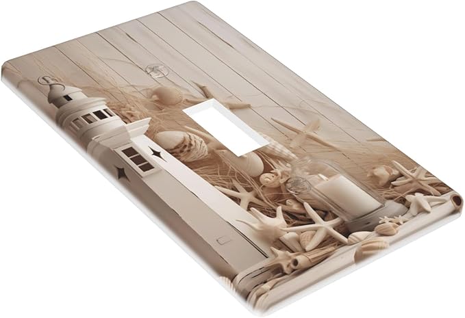 1-Gang Toggle Light Switch Plate, Neutral Coastal Lighthouse Seashell Printed Wall Plate, Beach Farmhouse Decor for Bathroom Beach House