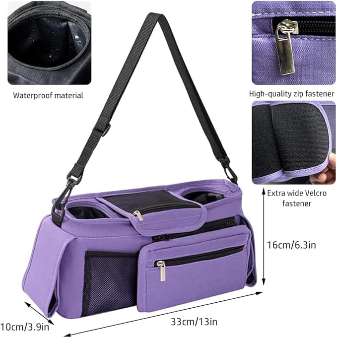 Baby Stroller Organizer, Universal Stroller Organizer with Detachable Phone Bag, Stroller Caddy with 2 Insulated Cup Holders, Buggy Organizer Bag with 2 Hooks Fits Most Strollers (Purple)