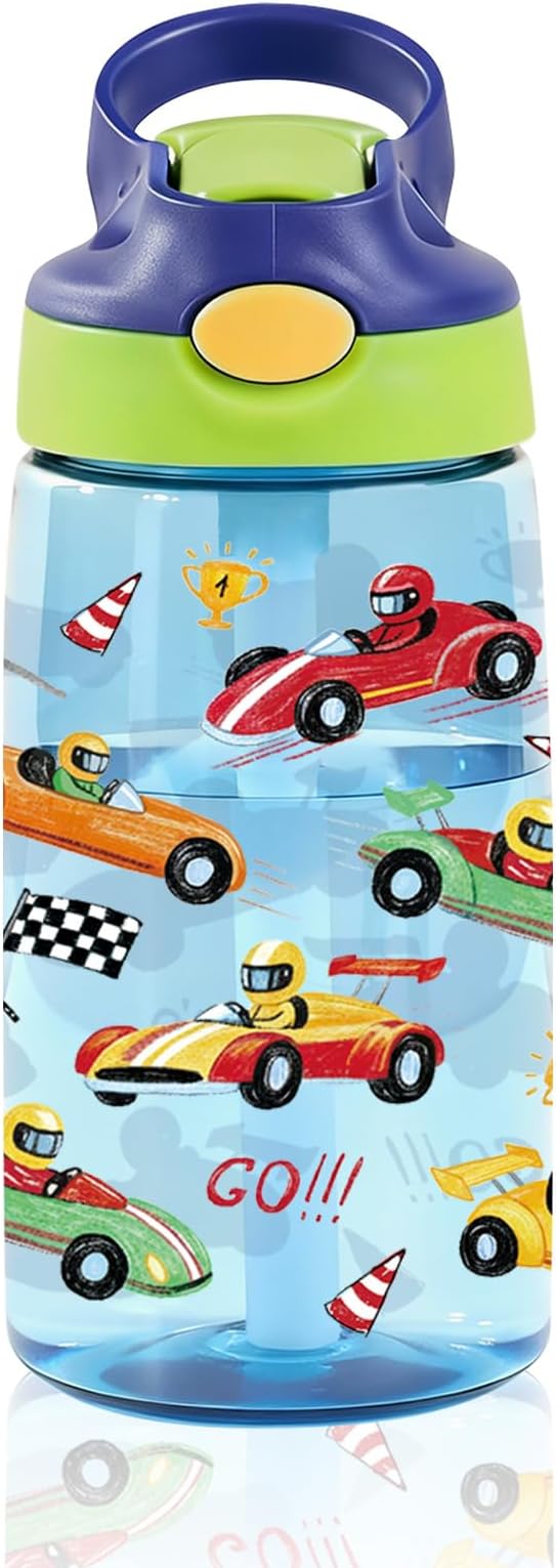 14oz Racing Car Kids Water Bottle with Straw Lid - Cool Water Bottles for Kids, Leakproof, Lightweight, Durable Plastic Bottles for School, Pop-Up Straw Cover, Gift Cup for Girls Boys (Racing Car)