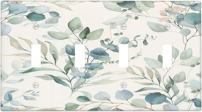 Boho Green White Eucalyptus Leaf Floral Light Switch Covers Quad Toggle Electrical Faceplate 4 Gang Wall Plate Decorative Switch Plates Cover for Farmhouse Living Room Decor