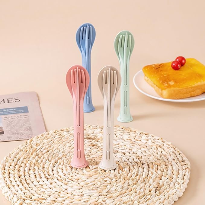 3PCS Wheat Straw Cutlery, Reusable Utensils Set Portable Travel 3 in 1 Spoon Fork Knife Tableware, Eco-Friendly, BPA Free, Flatware for Kids Adults, Travel Picnic Camping (Beige)