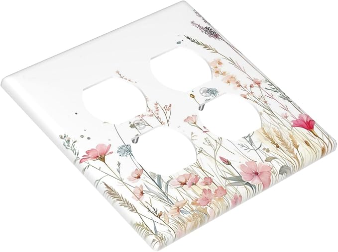 Watercolor Wildflower Pink Flower Plant Floral Outlet Covers 2 Gang Double Duplex Decorative Light Switch Covers Electrical Wallplates Socket Faceplate for Bedroom Living Room Decor