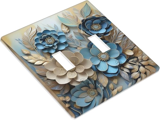Decorative Art Light Switch Covers Blue and Creamy Floral 2 Gang Double Toggle Wall Plate Decorative Switchcover Electrical Switchplate for Home Decor