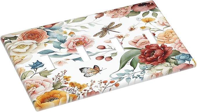 Rustic Style Colorful Peony Butterfly Dragonfly Light Switch Covers Quad Toggle 4 Gang Wall Plate Decorative Switch Plates Electrical Faceplate for Bedroom Living Room Decor
