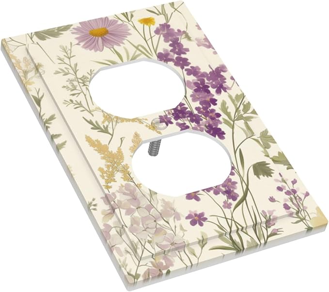 Watercolor Floral Leaves 1 Gang Electrical Duplex Outlet Covers Small Purple Flowers Daisies Light Switch Cover Receptacle Wall Plate Decorative Faceplate for Country Bedroom Living Room Decor