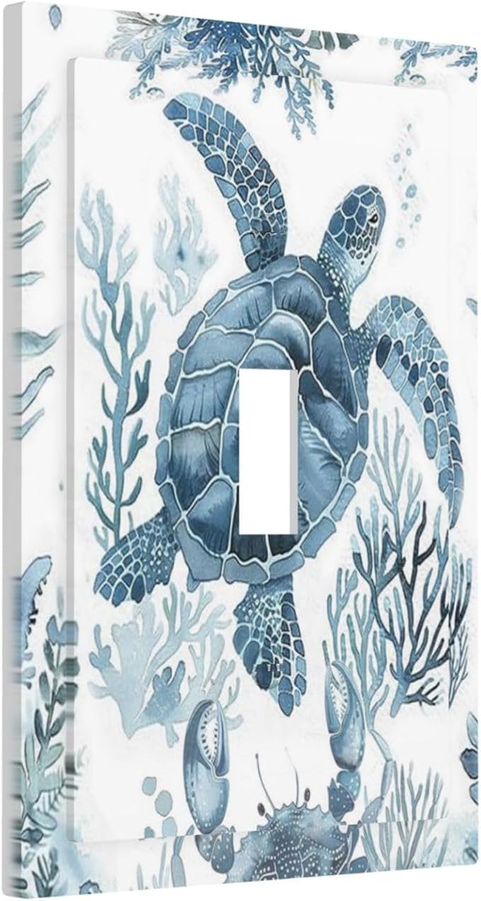 Blue Sea Turtle Coastal Coral Beach Crab Seaweed Decorative Light Switch Cover 1 Gang Single Toggle Device Electrical Faceplate Switchplates Decorator Outlet Wall Plate for Kids Room Bathroom Decor