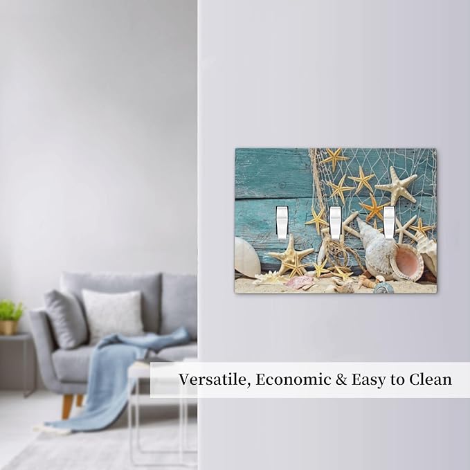 Nautical Beach Starfish Teal Wood 3 Gang Light Switch Plate Decorative Triple Toggle Wall Plate Cover Electrical Faceplate for Bathroom Home Living Room Decorate