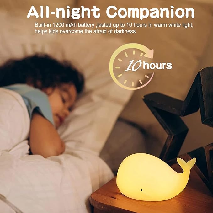 ZKLiLi Night Light for Kids Lamp, 16 Colors Lamp Cute, Dimmable Baby Night Lights for Nursery,Silicone Rechargeable Nightlight for Kids Room, Kawaii Room Decor (Whale)