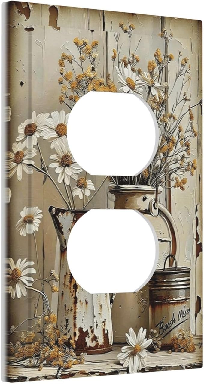 Rustic Flowers Daisy Floral White Wooden Planks Outlet Covers 1 Gang Duplex Light Switch Cover Decorative Switch Plates Electrical Receptacle Faceplate Wall Plate for Farmhouse Home Decor