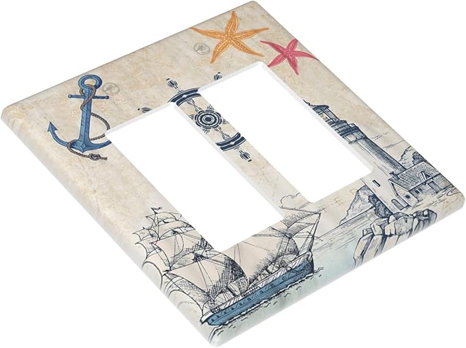 Nautical Sailboat Beach Anchor Pirate Beacon Ocean 2 Gang Rocker Decora Light Switch Covers Decorative Outlet Covers Wall Plate Electrical Faceplate Switchplate GFCI for Farmhouse Bedroom Decor
