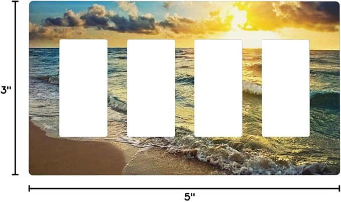 Sea Ocean Beach Sun Wave Sunrise 4 Gang Quad Rocker Light Switch Cover Plate Decorative Electric Faceplate Switchplate Living Room Bedroom Decorate Jumbo Screwless