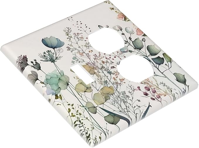 Tan/Beige/Blue Flower Boho Floral Combination 1-Toggle 1-Duplex Receptacle 2 Gang Wall Plate, Rustic Spring WildFlower Blossom 2 Gang Combo Single Toggle/Light Switch One Duplex Outlet Faceplate Cover