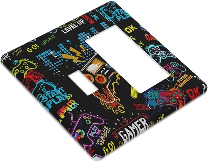 Gamer Video Game Themed Cool Controller Print Outlet Covers 1 Toggle 1 Rocker Combination Decorative Wall Plate Electrical Switch Plates Light Switch Cover Plate for Kids Room Office Decor