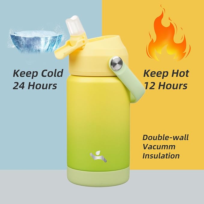 Konokyo Insulated Water Bottle with Straw Lid,12 oz Stainless Steel Vacuum Metal Bottle with Silicone Handle,Lime
