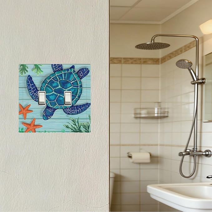 Coastal Sea Turtle Double Toggle Switch Cover - 2-Gang Standard US Size Mosaic Starfish Light Switch Covers, Nautical Ocean Theme for Coastal Homes