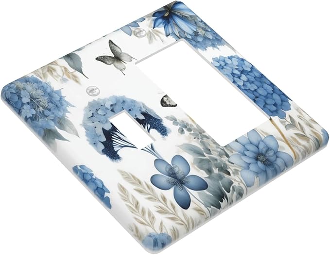 Blue Floral Hydrangea Floral Butterfly Flower Plant Outlet Covers 1 Toggle 1 Rocker Combination Decorative Wall Plate Electrical Switch Plates Light Switch Cover Plate for Bedroom Living Room Decor